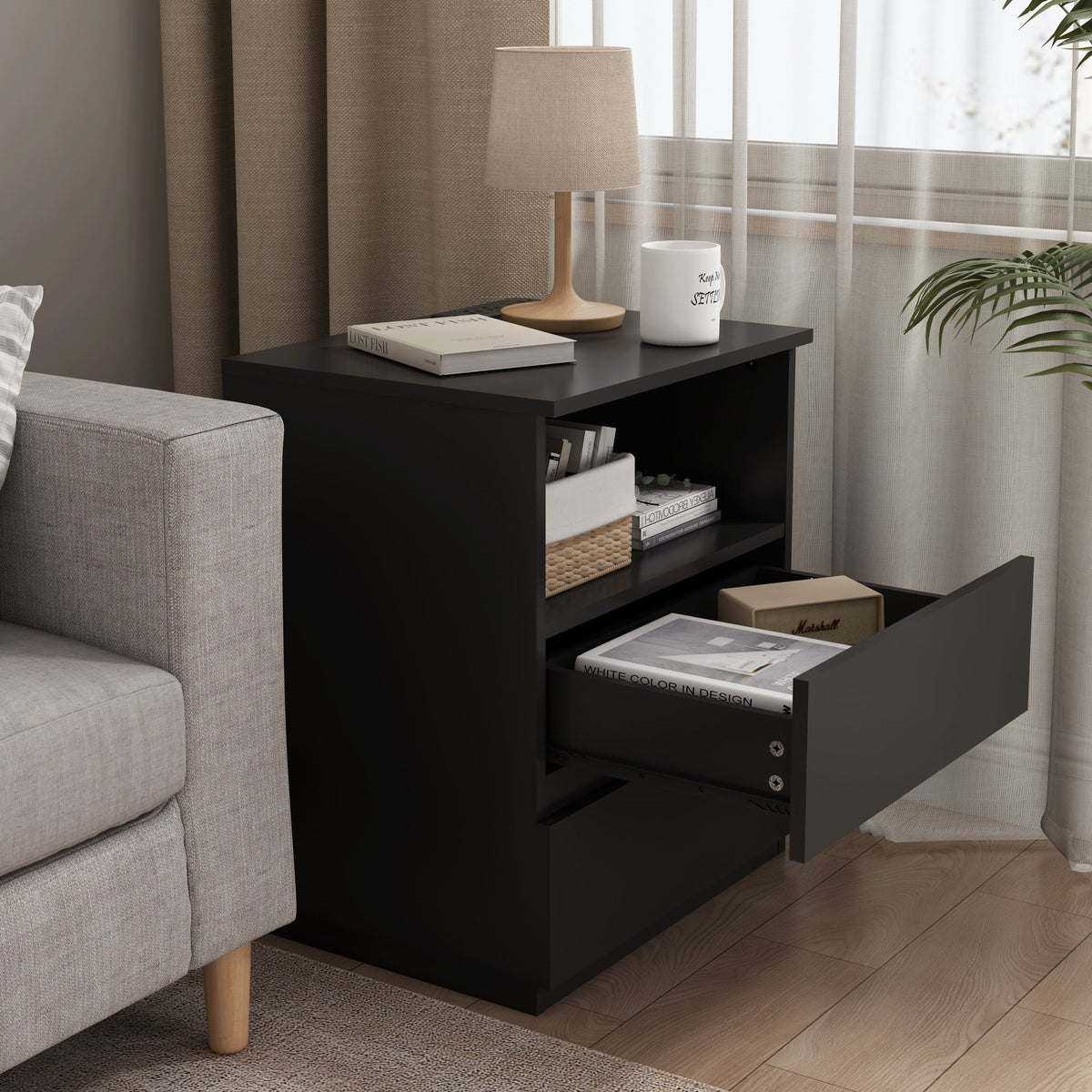 (Set of 2)End Table with Fast USB C Charging Station, Sofa Side Table with 2 Drawers, Large Storage Modern Wood Storage Cabinet, Black