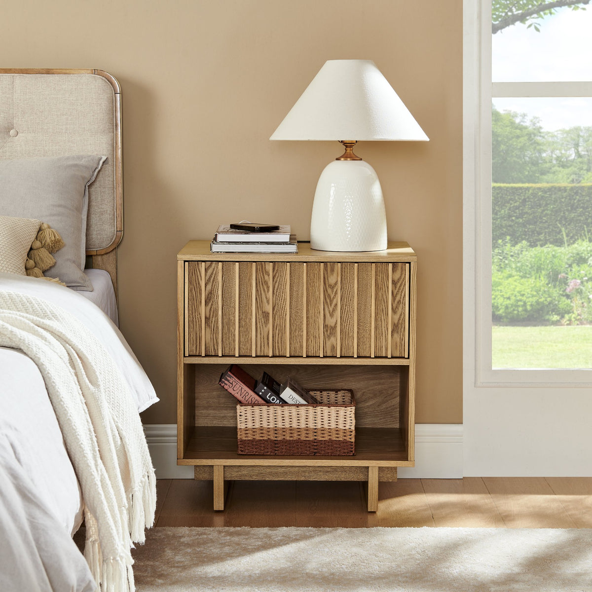 23.4" Mid Century Modern Grille Slat Nightstand with Hidden Charging Station USB Ports & Outlet Hole, Farmhouse End Table with Open Space and Drawer Dresser, Natural