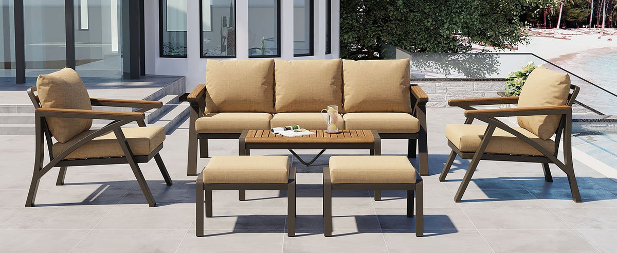6-Piece Outdoor Patio Furniture Set, Steel Frame Sofa Set with 3-Seat Couch, 2 Armchairs, 2 Ottomans & Acacia Wood Coffee Table, Cushioned Seating for Backyard, Garden, Poolside, Brown Cushion