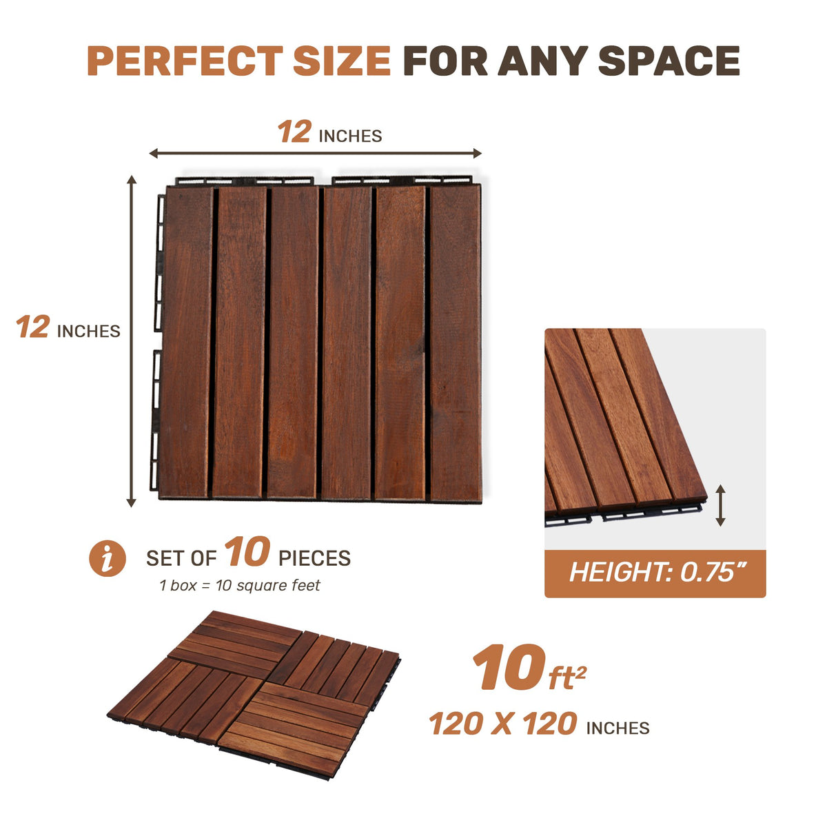 10 PCS Interlocking Deck Tiles Striped Pattern, 12" x 12" Square Acacia Hardwood Outdoor Flooring for Patio, Bancony, Pool Side,...