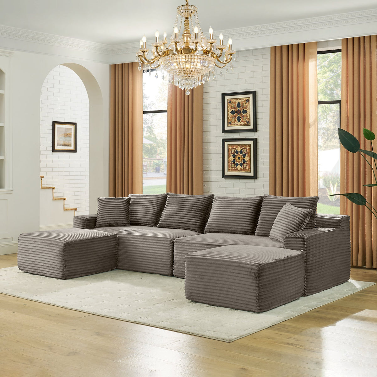 115" Comfy U-Shaped Sectional Modern Boneless Corduroy Couch with Chaise ‌and Ottoman‌ - No Assembly Required! Deep-Seat, Upholstered Modular Cloud Sofa for Living Room, Plush Corduroy Fabric(Brown)