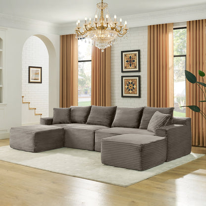 115" Comfy U-Shaped Sectional Modern Boneless Corduroy Couch with Chaise ‌and Ottoman‌ - No Assembly Required! Deep-Seat, Upholstered Modular Cloud Sofa for Living Room, Plush Corduroy Fabric(Brown)