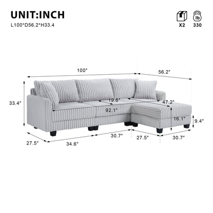 100-inch corduroy fabric sofa with L-shaped modular 3-seat convertible sofa, built-in dual charging ports at the arms