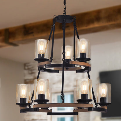9-Light Vintage Wagon Wheel Chandelier, Rustic Farmhouse Black Wood Ceiling Light, Adjustable Height for Dining Room Living Room Entryway Kitchen