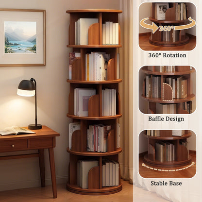 5 Tier Rotating Bookshelf, 360° Display Round Spinning Bookshelf, Space-Saving, Small Space Rotating Bookshelf Tower, Walnut