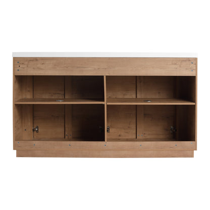 60'' Freestanding Bathroom Vanity with White Resin Sink, 4-Soft-Close Door, KD-Packing, Plywood, Imitative Oak