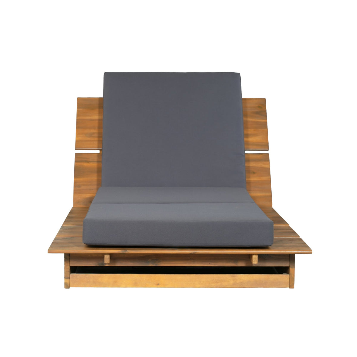 Acacia Wood Chaise Lounge with 4" Thick 3-Fold Dark Gray Movable Cushion – Wide Teak Finish Patio Lounger, 3-Position Recliner, 400 lbs Capacity