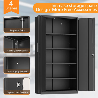 72-Inch 2-Door File Cabinet with Lock, 4 Adjustable Shelves, Heavy-Duty Steel Construction, for Commercial Office, Home Office, Legal Size & Letter File Storage, Organization Cabinet in Black