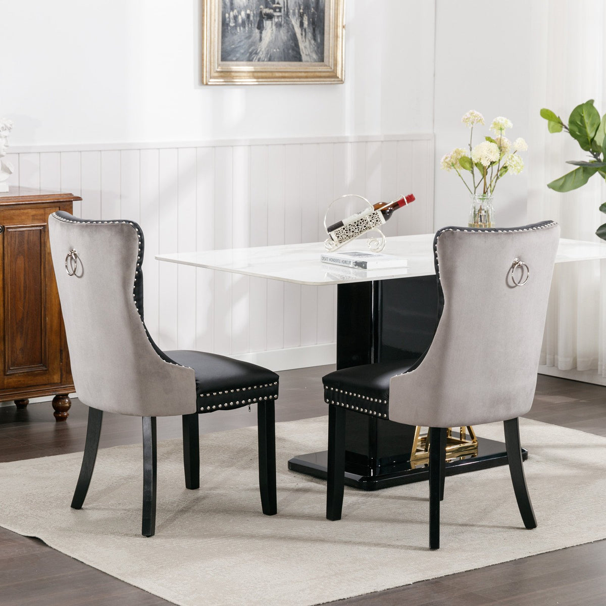 A&A Furniture, Nikki Collection Modern, High-end Tufted Solid Wood Contemporary PU and Velvet Upholstered Dining Chair with Wood Legs – Gray