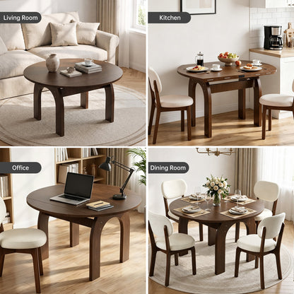 51.2" Solid Wood Extendable Dining Table, Converts Oval to Round with Walnut Finish, Sturdy Arch-Shaped Legs & Drop Leaf Design, Farmhouse Kitchen Table for Small Spaces, Easy Assembly