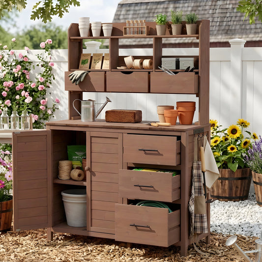 (With Assembly Video) TOPMAX Farmhouse Patio Potting Bench, 44.6''x19.5'' Large Freestanding Garden Workstation with 6 Drawers