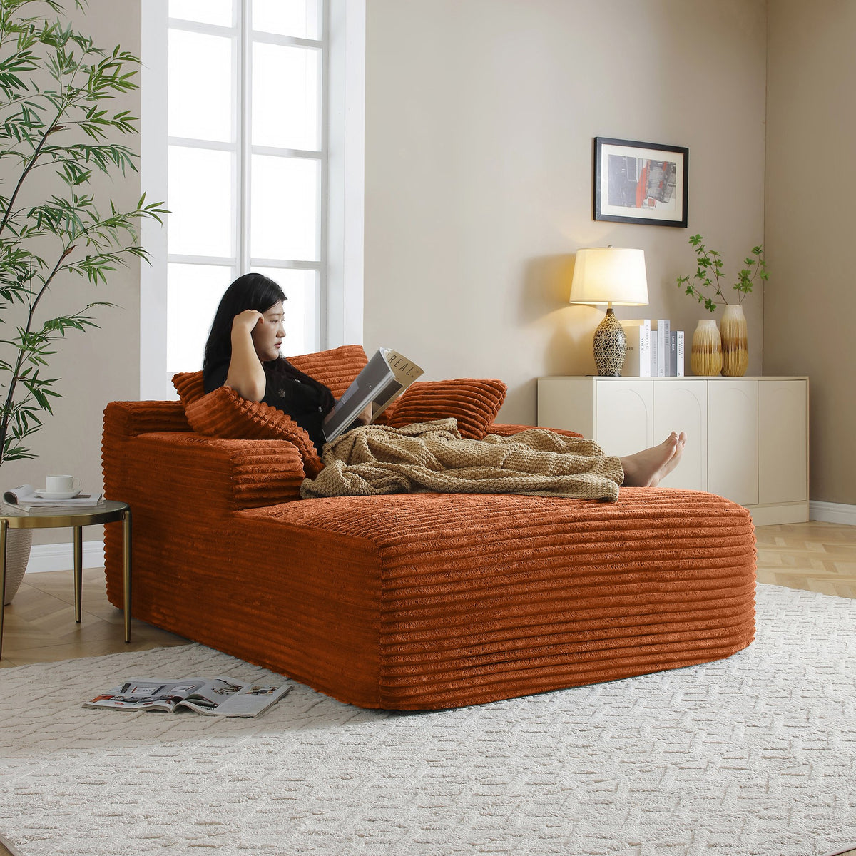 49" Chaise Lounge Indoor, Oversized Chaise Lounge Chair with 3 Comfy Pillows for Living Room Bedroom, Wide Arms Corduroy Fabric High-Density Foam No Assembly Required (Orange)