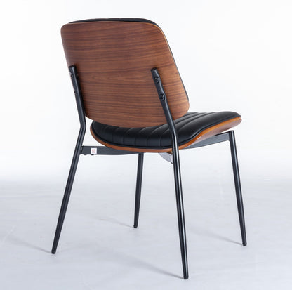 A&A Furniture, Dining Chairs Set of 2 Mid Century Modern Retro Faux Leather Chair with Walnut Bentwood Back Upholstered Seat Metal Legs – Black