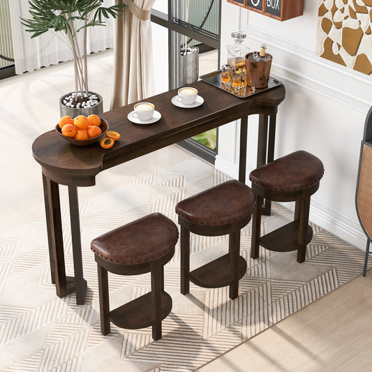 4 Piece Bar Table Set with3 PU Upholstered Bar Stools, Breakfast Table with 3 Padded Stools Solid Wood Counter Height Dining Table Set