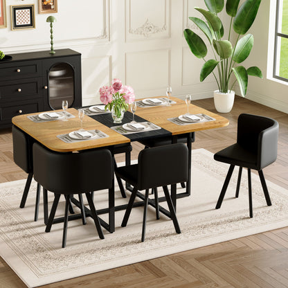 7-Piece Rectangular Dining Table Set, Fixed Two-Tone Wood Grain & Black Triamine Tabletop with 6 Black PU Leather Chairs