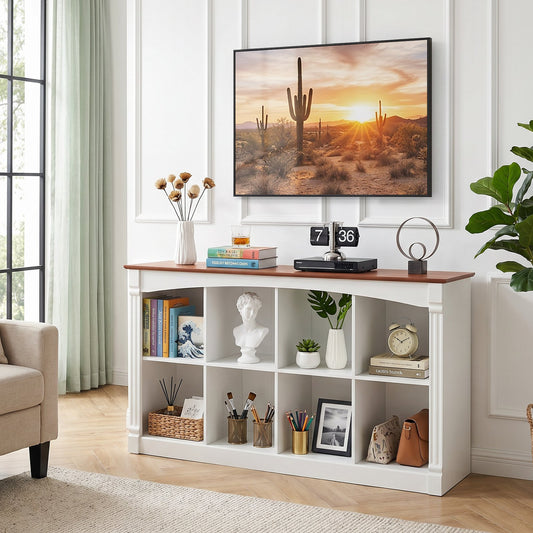 8-Cube Storage Organizer, Two-Tone Wood 2-Tier Cube Bookcase with Decorative Moldings, Horizontal Open Cubby Display Shelf Unit, Low Bookshelf Console Table for Living Room, Bedroom, Office