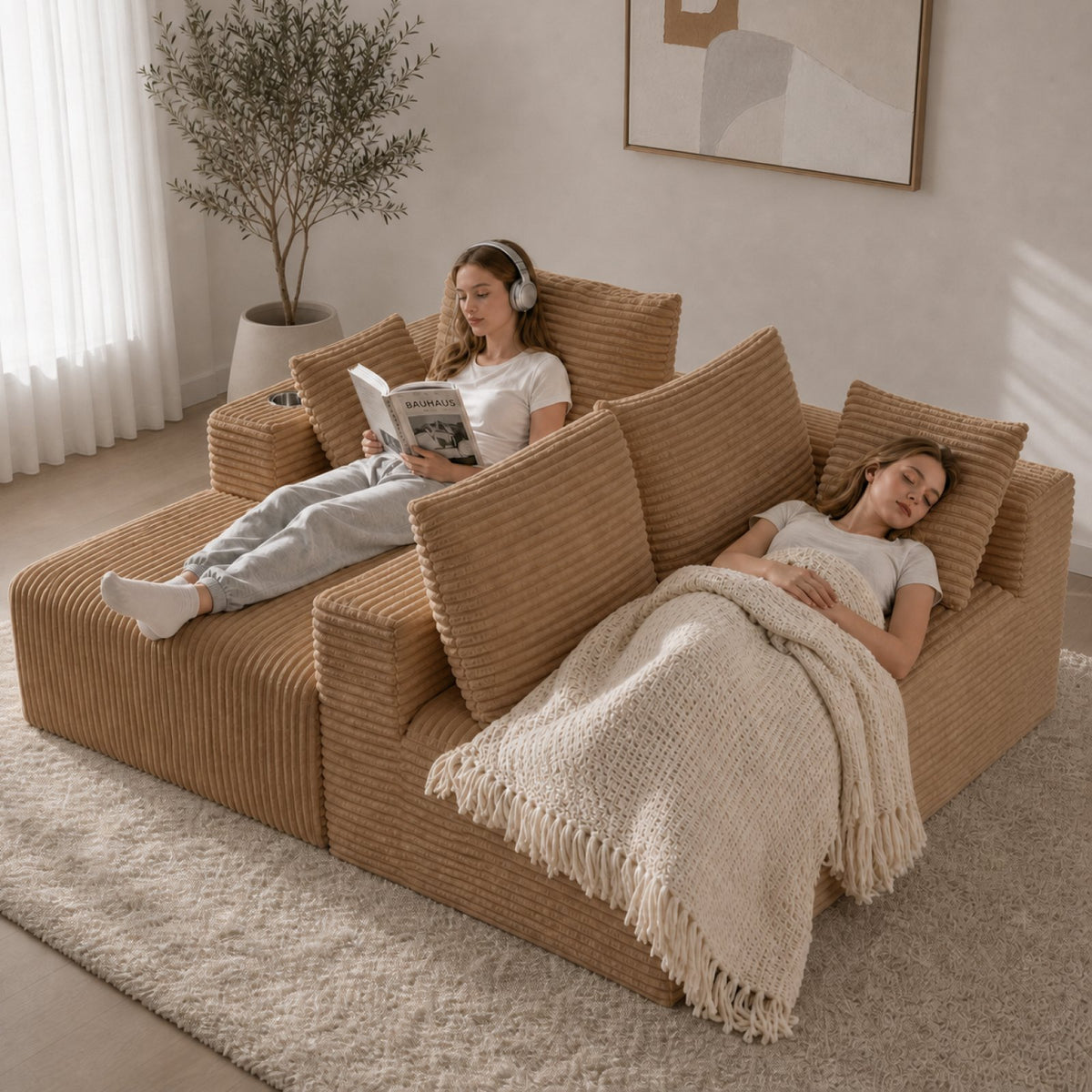 95''modular combination sofa with L-shaped lounge chair, four seater boneless design