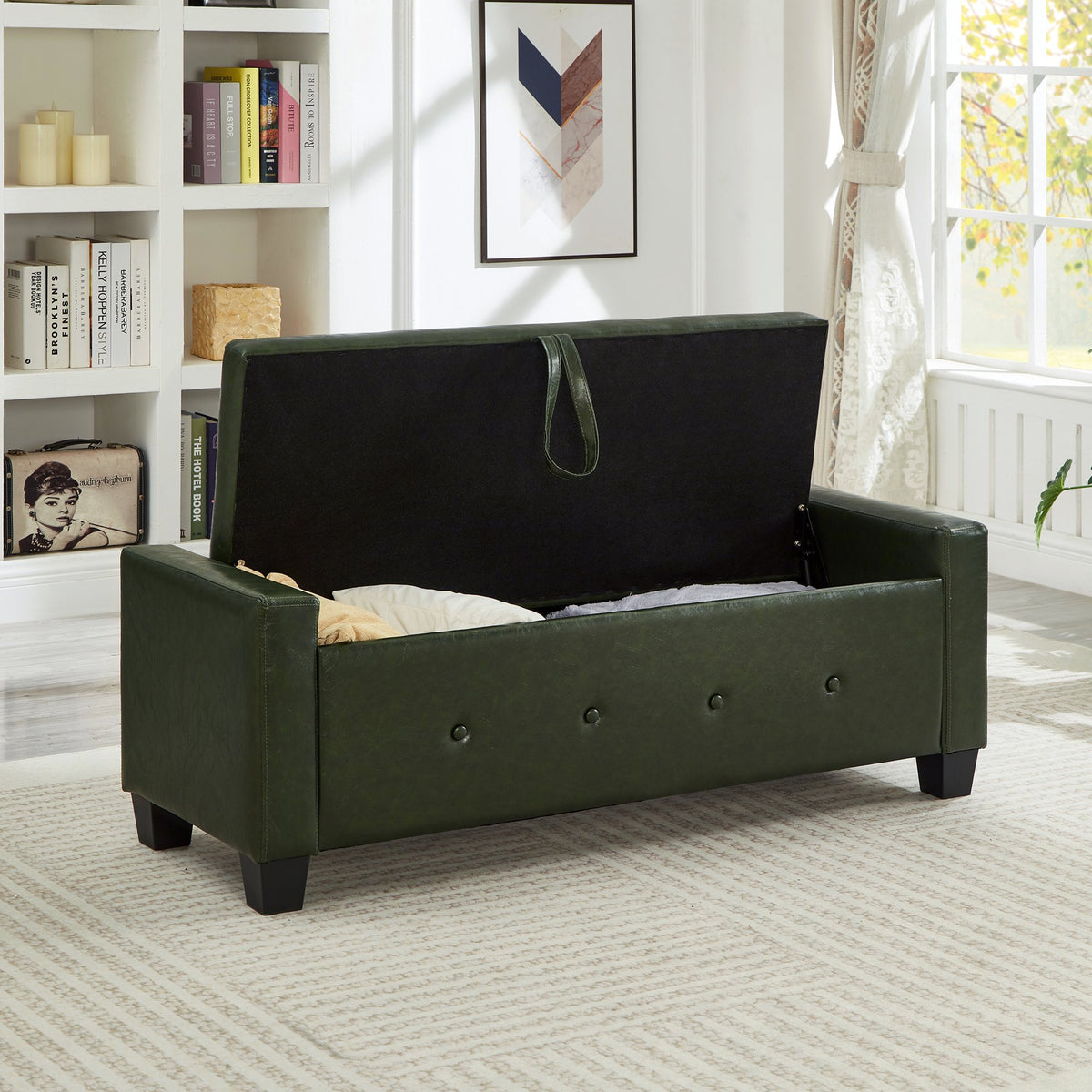 48" Ottoman Bench with Storage, Upholstered Tufted Faux Leather PU Ottoman Dark Green