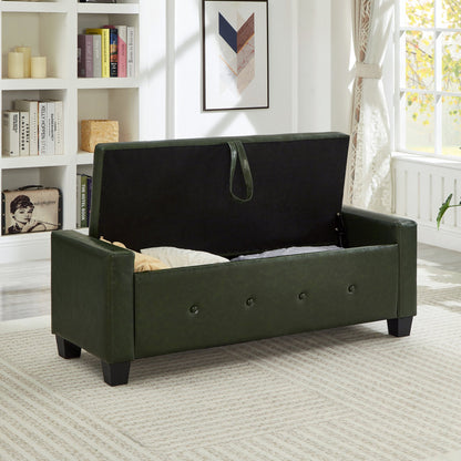 48" Ottoman Bench with Storage, Upholstered Tufted Faux Leather PU Ottoman Dark Green