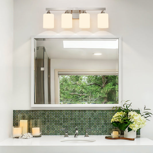 4-Light Brushed Nickel Silver Bathroom Wall Vanity Light, Stain Resistant Easy Wipe Metal Lamp with Milk White Glass Shade, Transitional Wall Lighting for Washroom(No light bulb)