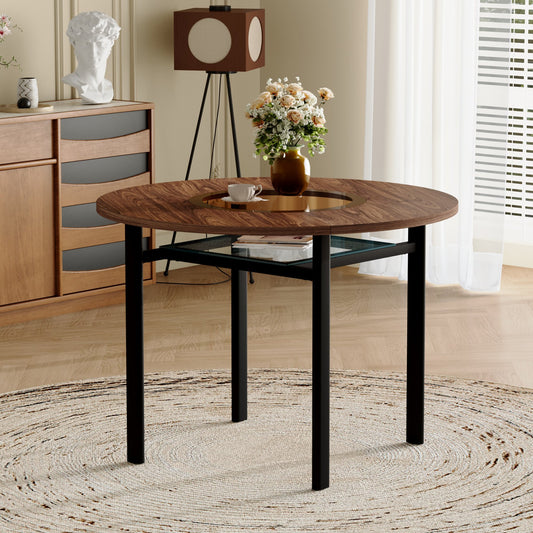42 inch modern minimalist brown wood grain round dining table suitable for 4-6 people (brown glass inlay+metal stable bracket