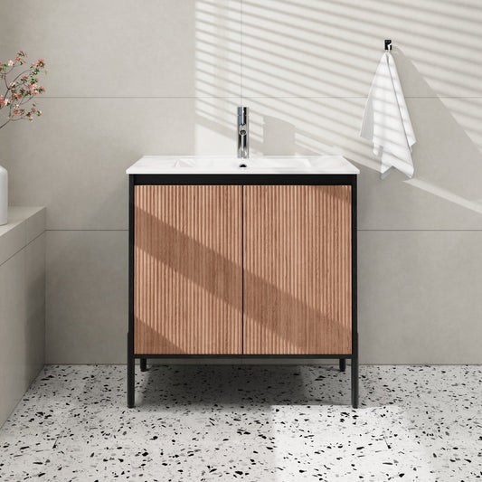 30" Modern Bathroom Vanity with Sink Combo, Adjustable Height Freestanding Cabinet, Soft-Close Doors & Adjustable Shelf, Walnut & Black Finish (Mirror Not Included)