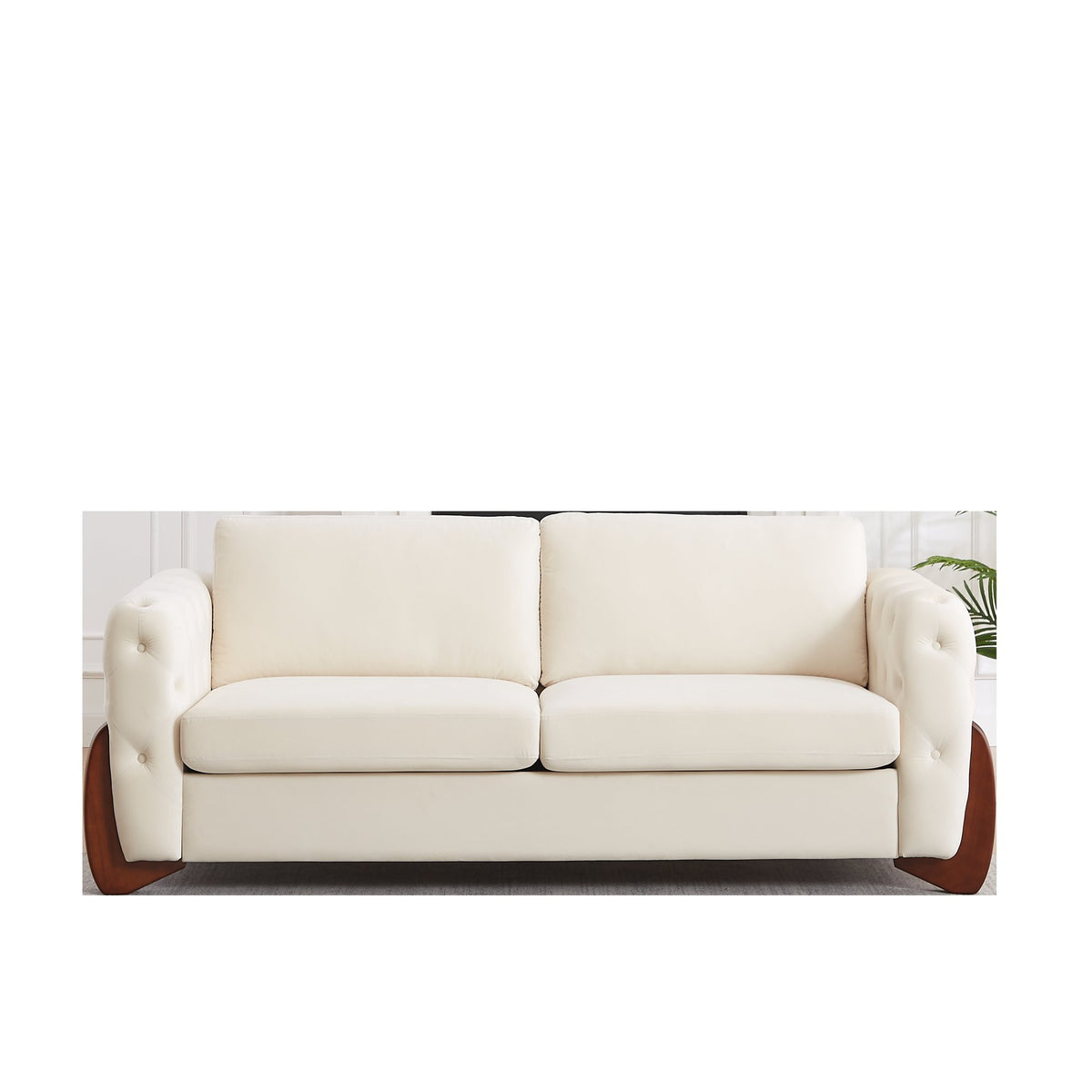 84-inch Classic Velvet Sofa With Button-tufted Detailing Features Curved Wooden Legs, Stylish Curved Armrests, Two Back Cushions, and Two Seat Cushions for the living room.