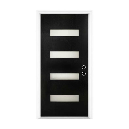 36 x 80 Inch FRP Entry Door with Frosted Glass - Contemporary Style for Home's Front Entrance, Left Hand Inswing, Black Finished Fiber Reinforced Panel Door