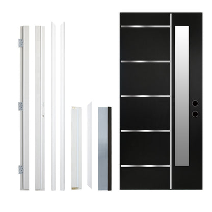 36 x 80 Textured Finished FRP Door, Double-sided Frosted Glass Modern Style for Home's Front Door,Left Hand Inswing Black Fiber Reinforced Panel Door With Metal Strip