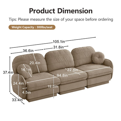 105'Chenille Cloud 3-Seater Sofa,Exquisite round pillows and quilted back cushions,Recessed Base Frame Legs,Ergonomic Design Bottom,Easy Assembly,Deep Seat Sofa Couch For Living Room,Light coffee