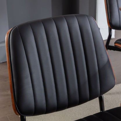 A&A Furniture, Dining Chairs Set of 2 Mid Century Modern Retro Faux Leather Chair with Walnut Bentwood Back Upholstered Seat Metal Legs – Black