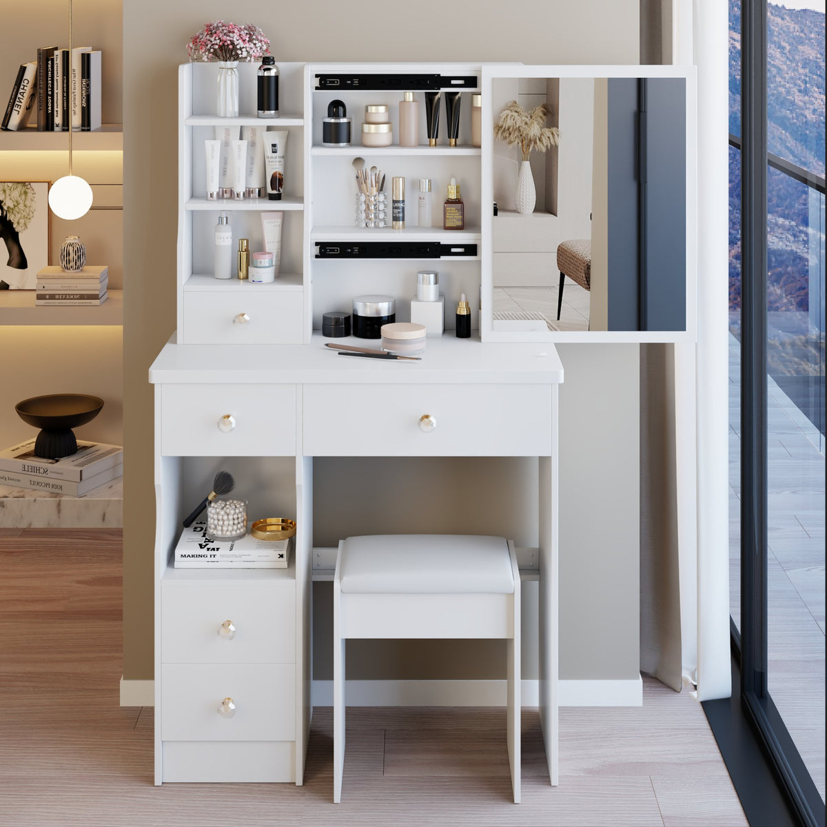 29.2" Small Space Left Drawer Desktop Vanity Table + Cushioned Stool, Extra Large Right sliding mirror, Multi Layer High Capacity Storage – Model W3258P299609