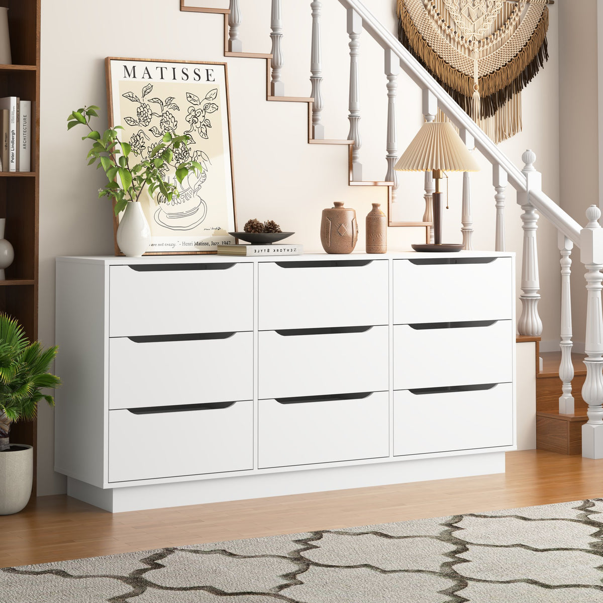 9 Drawer Dresser for Bedroom with Deep Drawers, Large Floor Wood Dressers & Chest of Drawers , Modern White Long Dressers for Closet Living Room