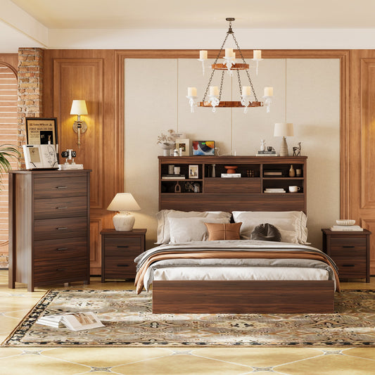 4PCS Bedroom Sets, Wooden Queen Size Bed Frame with Storage Headboard and Charging Station, 2 Nightstands with 2 Drawers