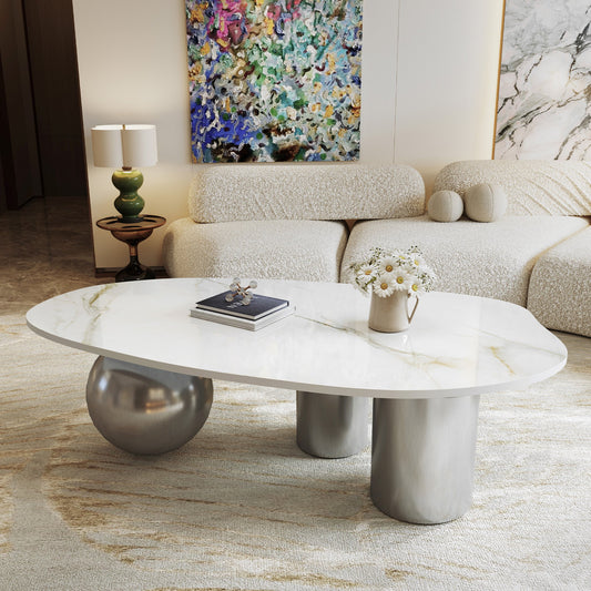 49.2" Free Form Faux Marble Coffee Table, Modern Minimalist Living Room Center Table with Stainless Steel Sphere & Cylinder Legs