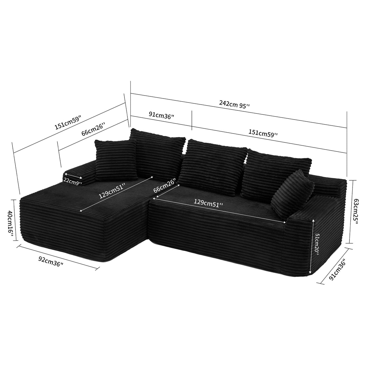 95" Sectional Couches for Living Room Cloud Couch Sofa with L-Shape Upholstered Boneless Couchs Modern Modular Sectional Couch with Chaise