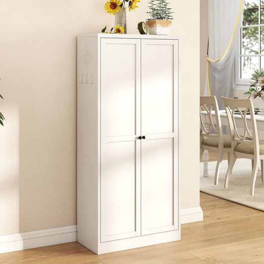 61" White Metal Kitchen Pantry Cabinet with Adjustable Storage and 4 Heavy Duty Shelves