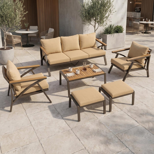 6-Piece Outdoor Patio Furniture Set, Steel Frame Sofa Set with 3-Seat Couch, 2 Armchairs, 2 Ottomans & Acacia Wood Coffee Table, Cushioned Seating for Backyard, Garden, Poolside, Brown Cushion