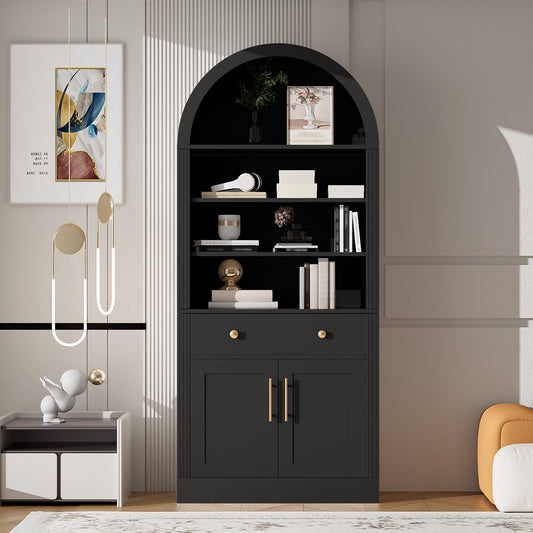 Arched Bookshelf with Storage Cabinet,Tall Display Bookcase with Drawer Doors and Adjustable Shelves,Freestanding Kitchen Pantry Cabinet for Living Room,Home Office,Bathroom,Black