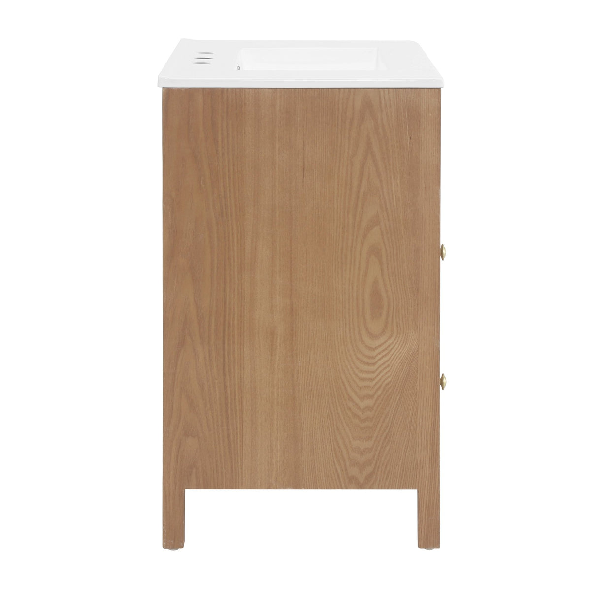 30 Inch Freestanding Farmhouse Bathroom Vanity with Integrated White Ceramic Sink Top, Smooth Finish Natural Acacia Wood Veneer Herringbone Chevron Cabinet, Soft Close Doors & Full Extension Drawer, B
