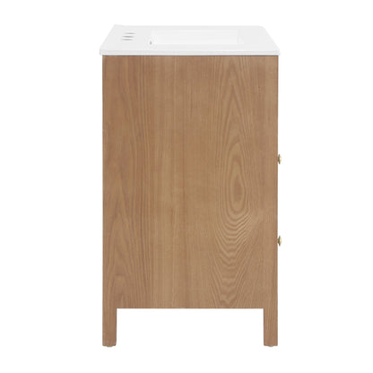 30 Inch Freestanding Farmhouse Bathroom Vanity with Integrated White Ceramic Sink Top, Smooth Finish Natural Acacia Wood Veneer Herringbone Chevron Cabinet, Soft Close Doors & Full Extension Drawer, B
