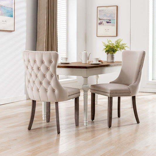 A&A Furniture, Upholstered Wing-Back Dining Chair with Backstitching Nailhead Trim and Solid Wood Legs, Set of 2, Beige, SW8809BG, KD