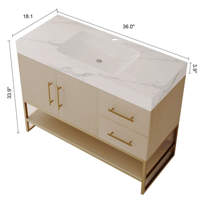 36" Modern Free-Standing Bathroom Vanity with Seamless Ceramic Sink & Sintered Stone Top