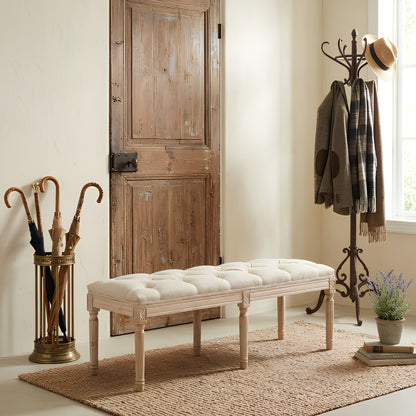 Bedroom Bench, French Vintage Tufted Entryway Bench, 47.2" Carving Upholstered End of Bed Bench with Distressed Wood Legs