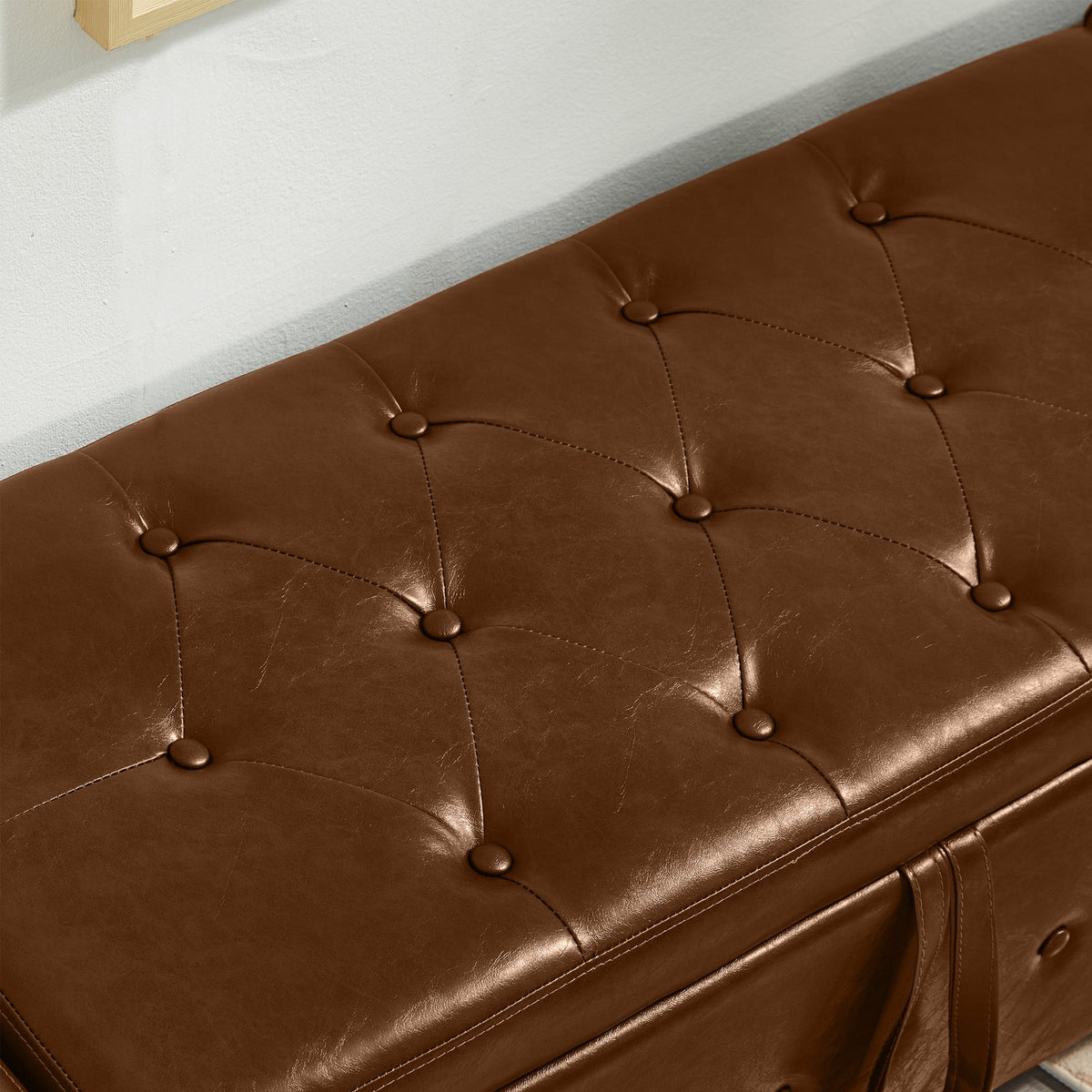 48" Ottoman Bench with Storage, Upholstered Tufted Faux Leather PU Ottoman Brown