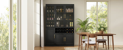 70.87'' Tall Wine Bar Cabinet with Glass Doors, Modern Liquor Cabinet with Removable 14-Bottle Wine Rack & Built-in Door Shelves, High-Capacity Home Bar Cabinet, Black70.87