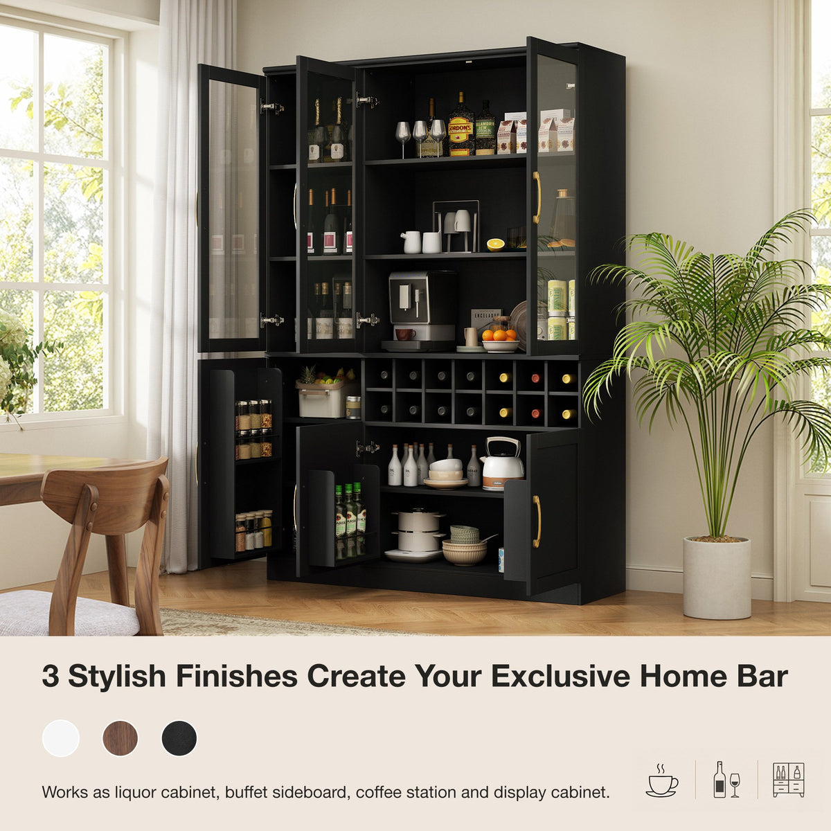 70.87'' Tall Wine Bar Cabinet with Glass Doors, Modern Liquor Cabinet with Removable 14-Bottle Wine Rack & Built-in Door Shelves, High-Capacity Home Bar Cabinet, Black70.87
