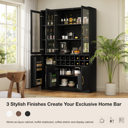 70.87'' Tall Wine Bar Cabinet with Glass Doors, Modern Liquor Cabinet with Removable 14-Bottle Wine Rack & Built-in Door Shelves, High-Capacity Home Bar Cabinet, Black70.87