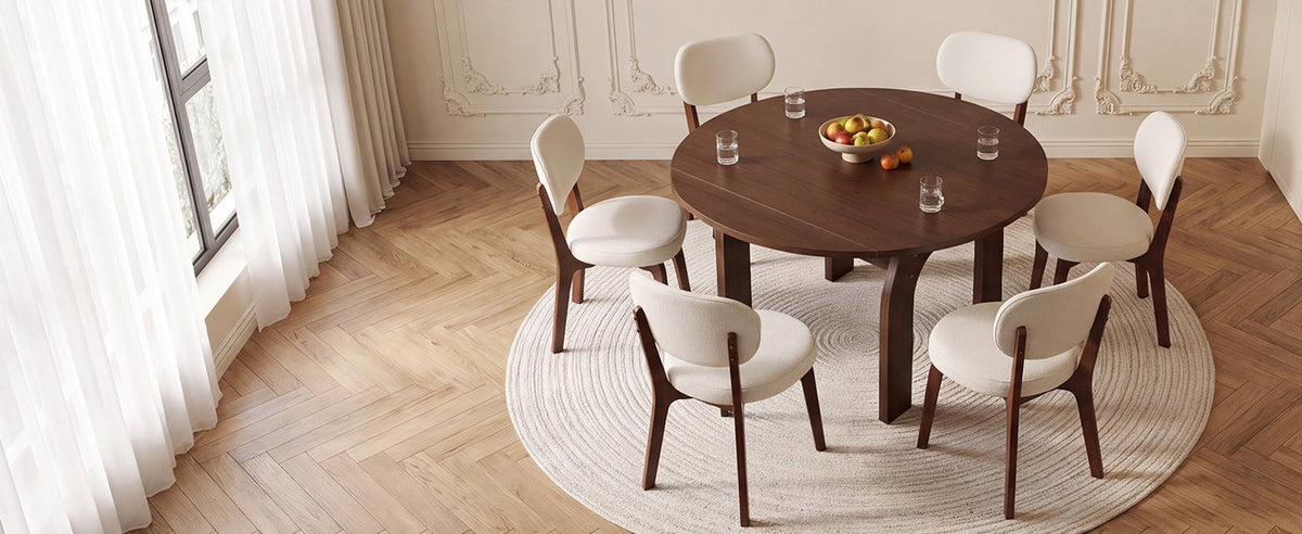 51.2" Solid Wood Extendable Dining Table Set with 4 Upholstered Chairs, 5 Piece Farmhouse Dinner Set with Walnut Finish & Arch Legs, Drop Leaf Converts Oval to Round for Small Spaces, Easy Assembly