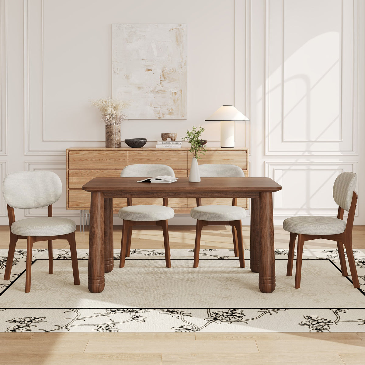 63" Solid Wood Dining Table Set with 4 Upholstered Chairs, Farmhouse Dinner Table Set of 5 Piece with Walnut Finish & Beige Chenille Seats, Heavy-Duty Support up to 1000 lbs, Easy Assembly